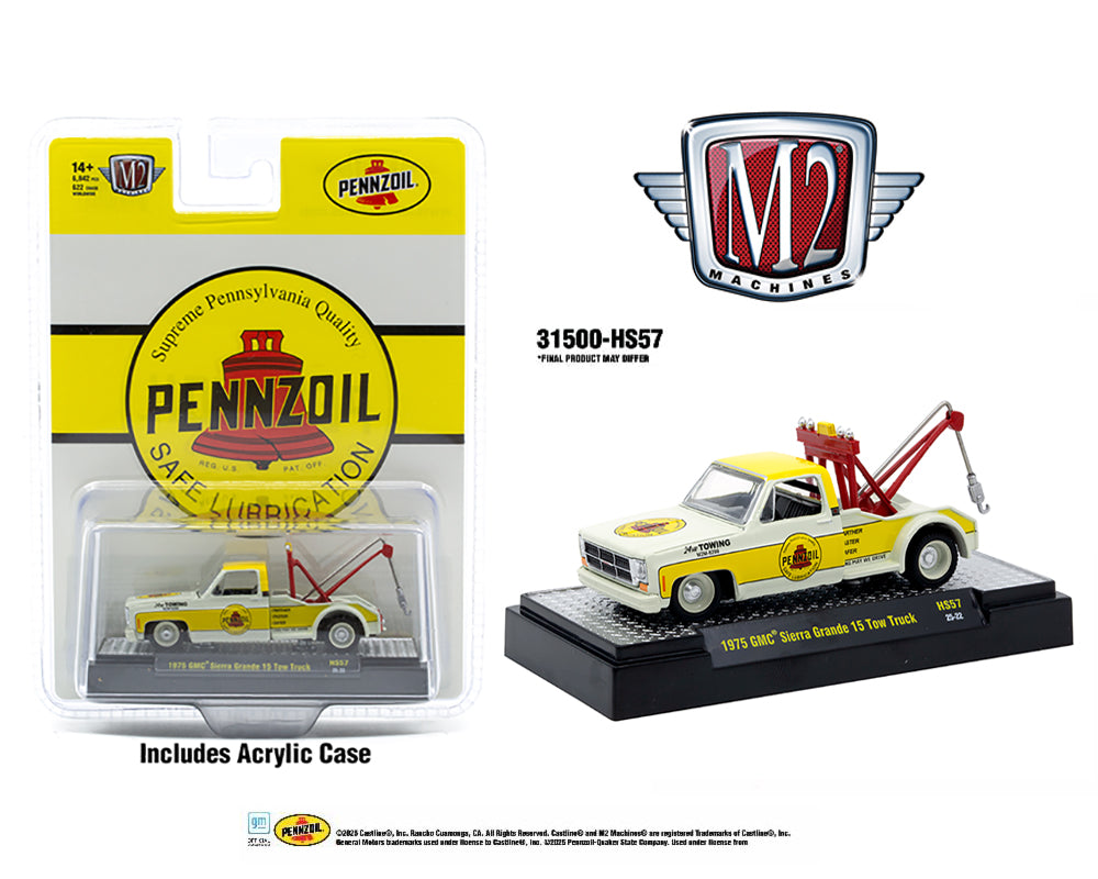 M2 Machines 1:64 1975 GMC Sierra Grande 15 Tow Truck Pennzoil – Yellow- Hobby Exclusive