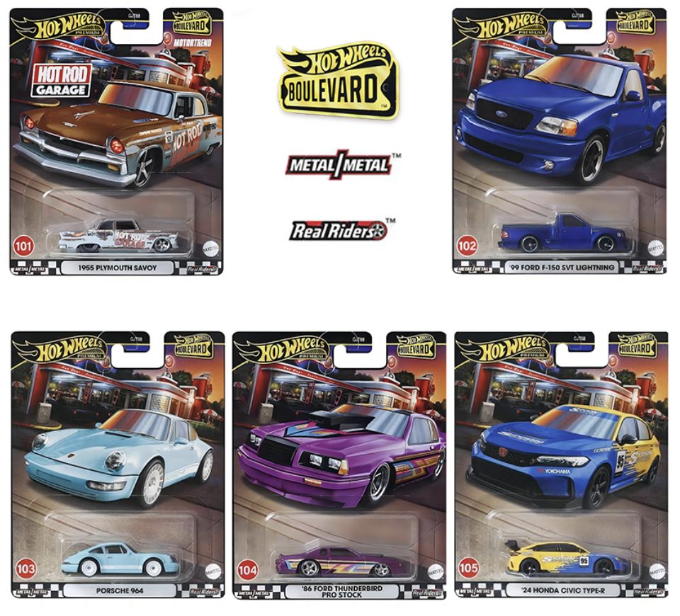 2024 Hot Wheels Premium Boulevard Mix 3 - 101-105 CIVIC, FORD, PORSCHE, SAVOY, THUNDERBIRD