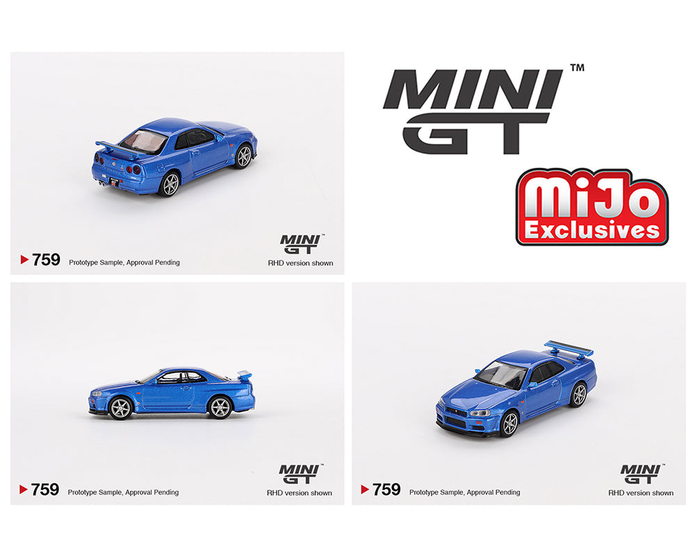 Mini GT 1:64 Nissan Skyline GT-R (R34) V-Spec – Bayside Blue – Mijo Exclusives