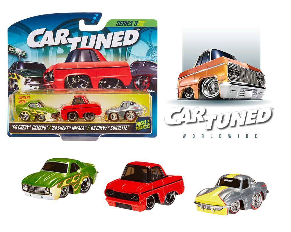 CarTuned 1:64 Lowriders Series 3 Muscle Madness 3 Pack 2025 – 1969 Chevrolet Camaro, 1964 Chevrolet Impala, 1963 Chevrolet Corvette