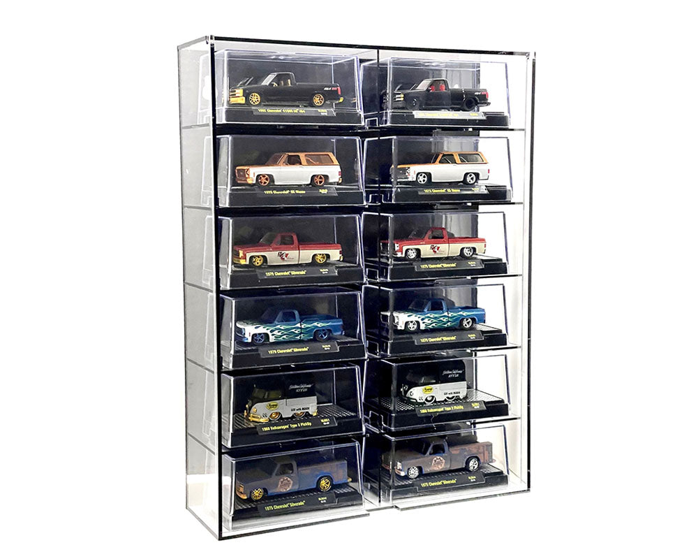 Showcase 1:64 12-Car Display Case Wall Mount Plastic Black Back Version With Cover (10.03″ x 3.03″ x 13.62″) – MiJo Exclusives - MJ10012BK