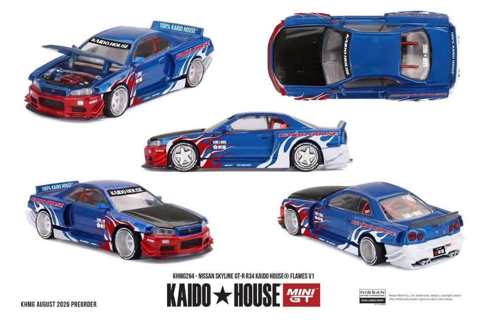 (Preorder) Kaido House x Mini GT 1:64 - NISSAN SKYLINE GT-R R34 KAIDO HOUSER FLAMES V1 - KHMG294
