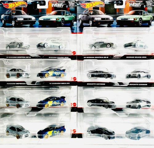 Hot Wheels 2 Pack - Sealed case of 8 - Subaru, Bugatti, Nissan Sentra