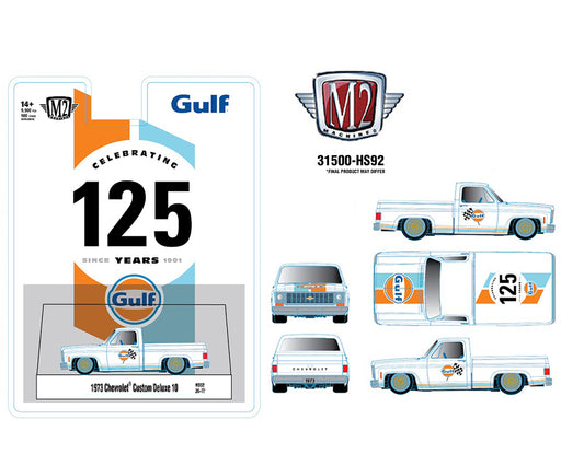 (Preorder) M2 Machines 1:64 1973 Chevrolet Custom Deluxe 10 “GULF” – White – Hobby Exclusive