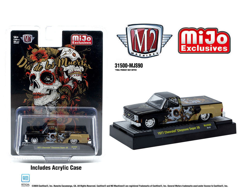 M2 Machines 1:64 1977 Chevrolet Cheyenne Super 30 “Dia De Los Muertos” 2025 – Black Gold – MiJo Exclusives Limited Edition