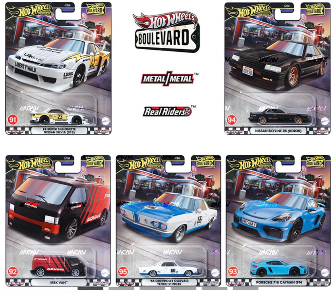 2022 Hot Wheels Premium Boulevard Mix 1 - Complete Set of 5 Cars #91-#95 - Silvia, Porsche, Skyline