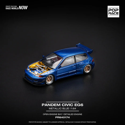 POPRACE PR640174 POPRACE 1/64 PANDEM CIVIC EG6 METALLIC BLUE WITH OPEN HOOD