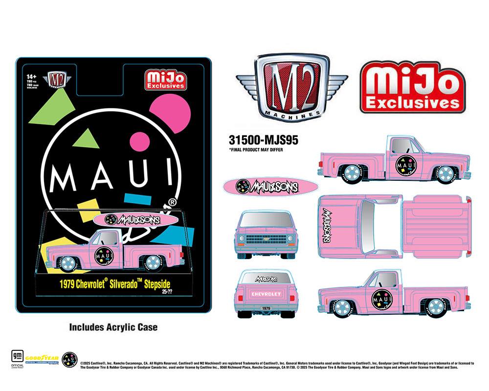M2 Machines 1:64 1979 Chevrolet Silverado Stepside with Surfboard Maui & Son – Pink – MiJo Exclusives Limited Edition