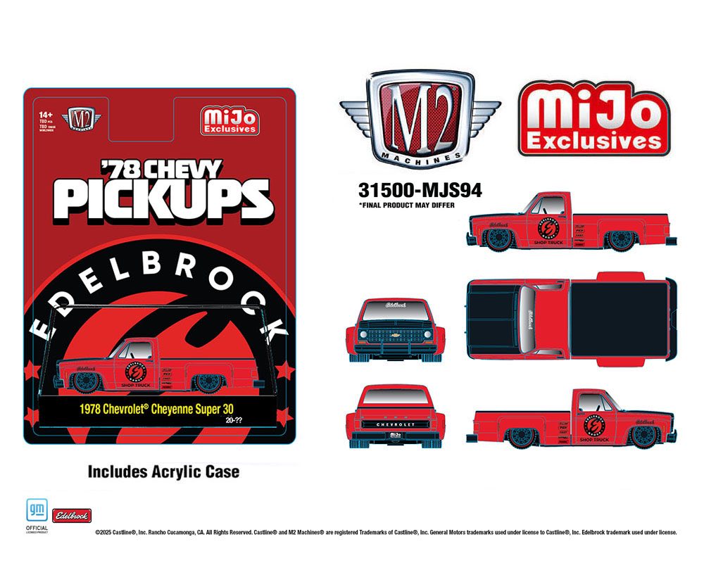 M2 Machines 1:64 1978 Chevrolet Cheyenne Super 30 Custom EDELBROCK – Red – MiJo Exclusives Limited Edition