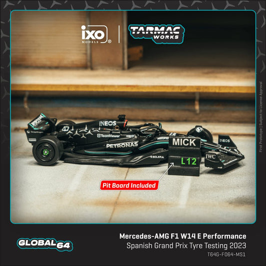 TARMAC WORKS GLOBAL64 1/64 Mercedes-AMG F1 W14 E Performance Spanish Grand Prix Tyre Testing 2023 Mick Schumacher - With pit board T64G-F064-MS1