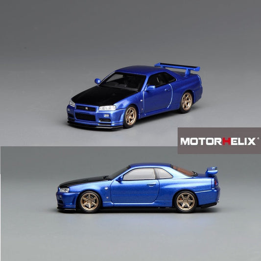 Motorhelix 1/64 NISSAN SKYLINE GT-R (R34) V-SPEC II CUSTOMIZED BAYSIDE BLUE W/ CARBON FIBER BONNET M63450