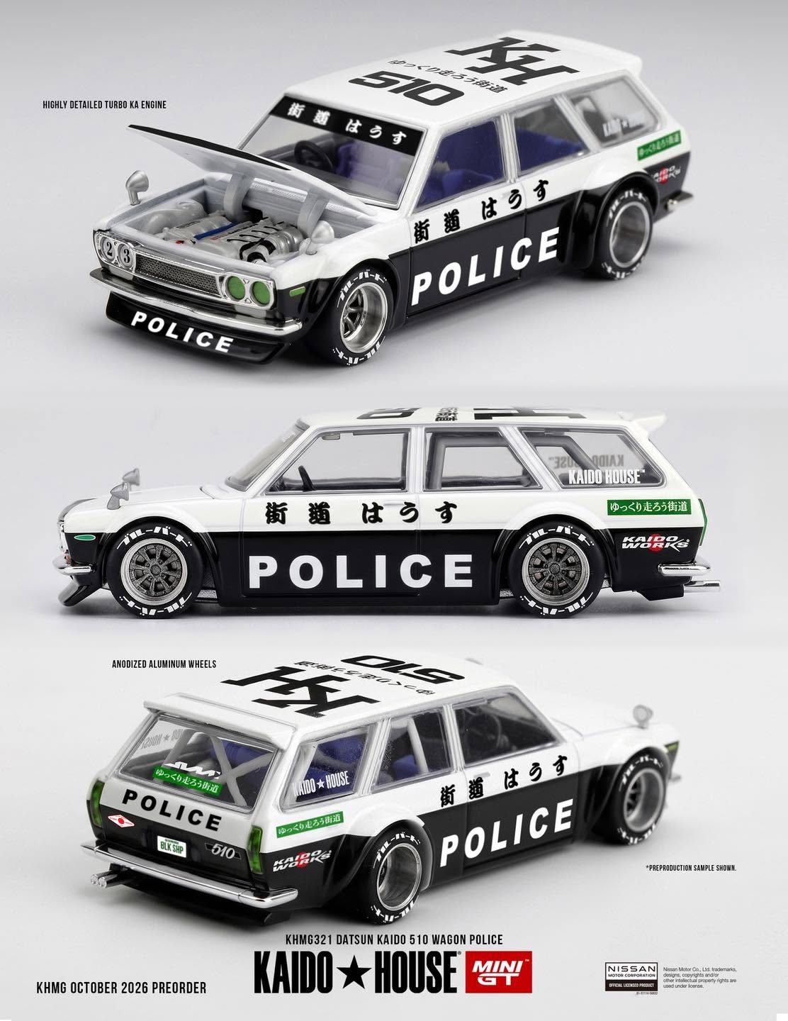 (Preorder) Kaido House x Mini GT 1:64 -   Datsun KAIDO 510 Wagon Police - KHMG321