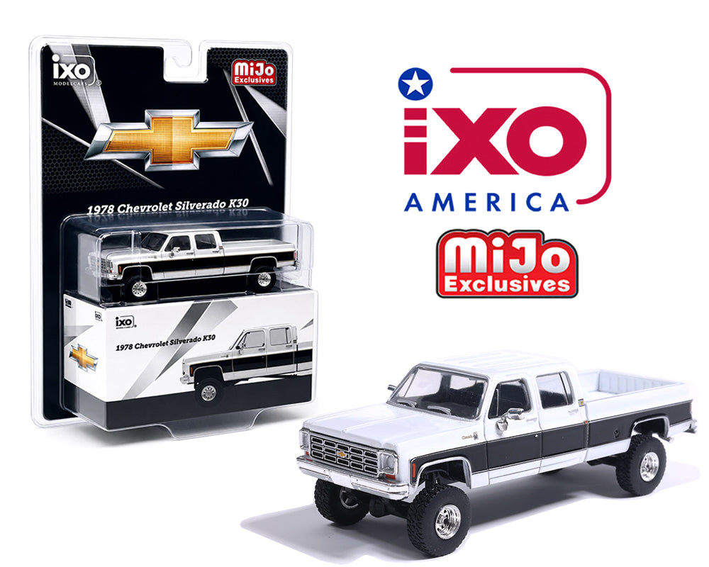IXO Model 1:64 1978 Chevrolet Silverado K30 Crew Cab Fleetside Lifted – White w/ Black Two Tone – Limited Edition – Mijo Exclusives