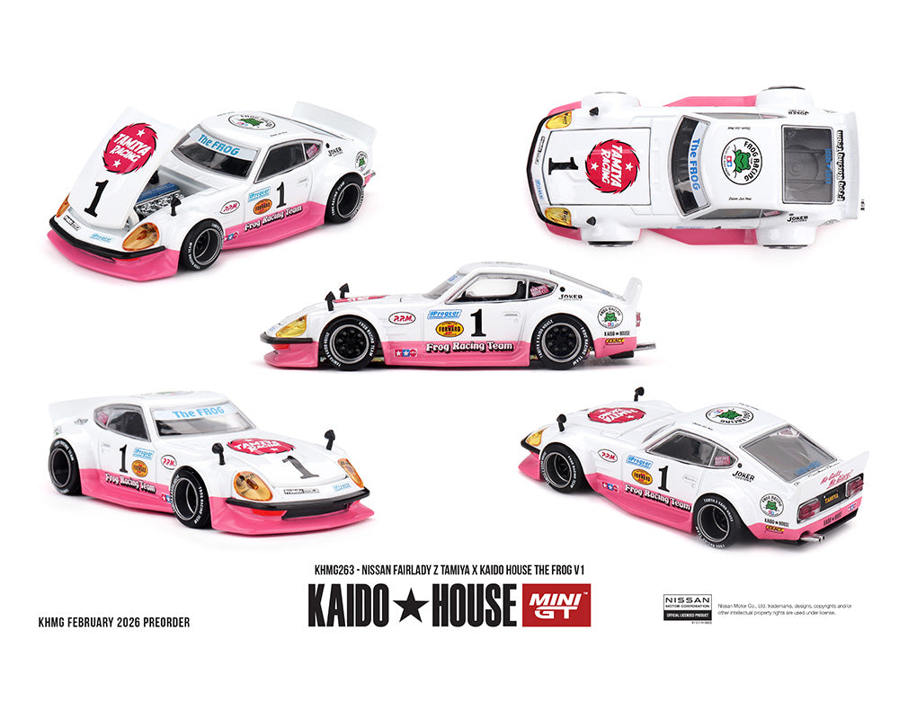 (Preorder) Kaido House x Mini GT 1:64 Nissan Fairlady Z Tamiya x Kaido House The Frog V1 – White/Pink