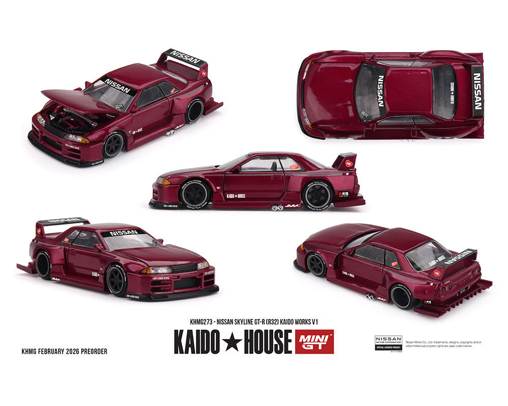 (Preorder) Kaido House x Mini GT 1:64 Nissan Skyline GT-R (R32) Kaido Works V1 – Burgundy Red - KHMG273
