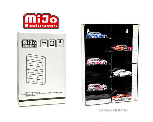 Showcase 1:64 12-Car Display Case Wall Mount Plastic Black Back Version With Cover (8.5″ x 2.64″ x 12.8″) – Mijo Exclusives - MJ08012BK