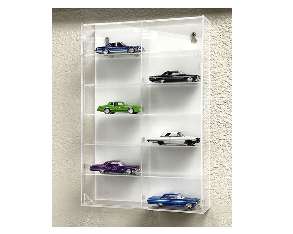 Showcase 1:64 12-Car Display Case Wall Mount Plastic White Back Version With Cover (8.5″ x 2.64″ x 12.8″) – MiJo Exclusives - MJ08012WH