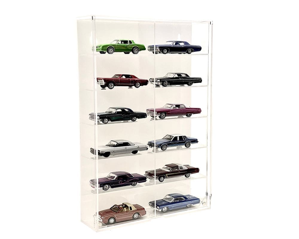 Showcase 1:64 12-Car Display Case Wall Mount Plastic White Back Version With Cover (8.5″ x 2.64″ x 12.8″) – MiJo Exclusives - MJ08012WH