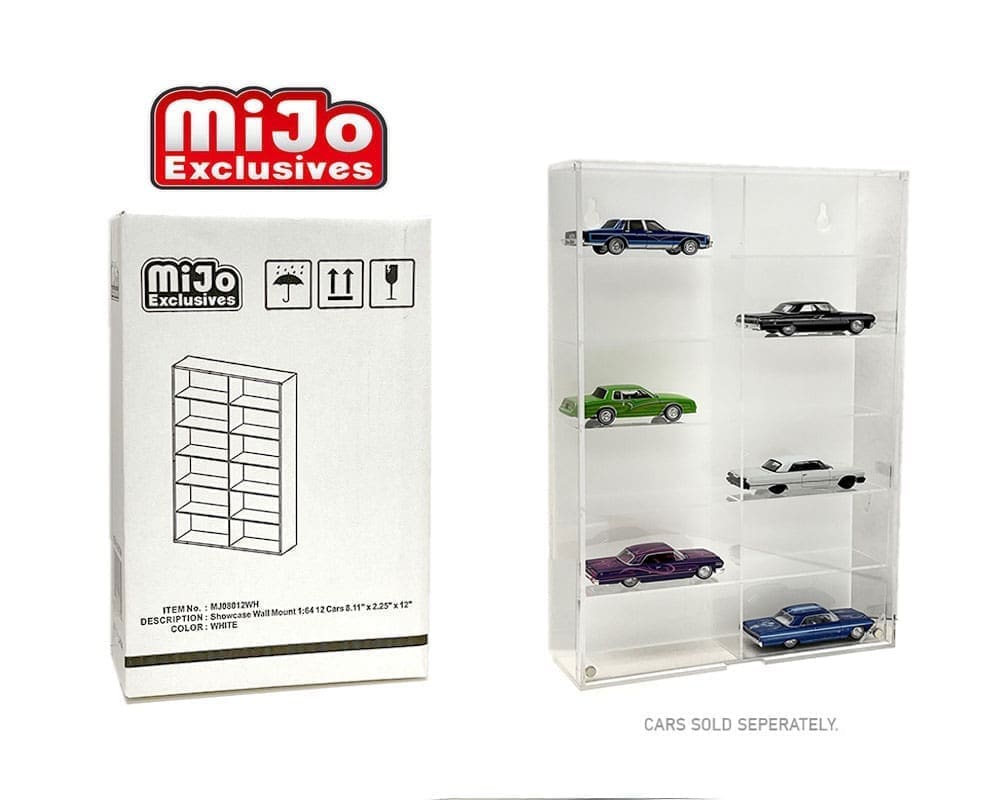 Showcase 1:64 12-Car Display Case Wall Mount Plastic White Back Version With Cover (8.5″ x 2.64″ x 12.8″) – MiJo Exclusives - MJ08012WH