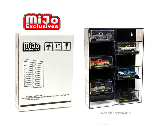 Showcase 1:64 12-Car Display Case Wall Mount Plastic Black Back Version With Cover (10.03″ x 3.03″ x 13.62″) – MiJo Exclusives - MJ10012BK