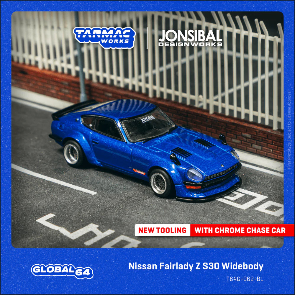 TARMAC WORKS GLOBAL64 1/64 Nissan Fairlady Z S30 Widebody - Designed by Jon Sibal Blue T64G-062-BL
