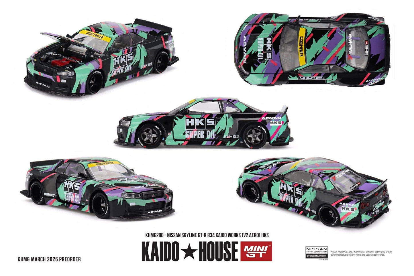 (Preorder) Kaido House x Mini GT 1:64 NISSAN SKYLINE GT-R R34 KAIDO WORKS (V2 AERO) HKS KHMG280